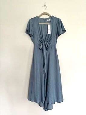 Sunny Girl Dusty Blue Tie-Front Midi Dress